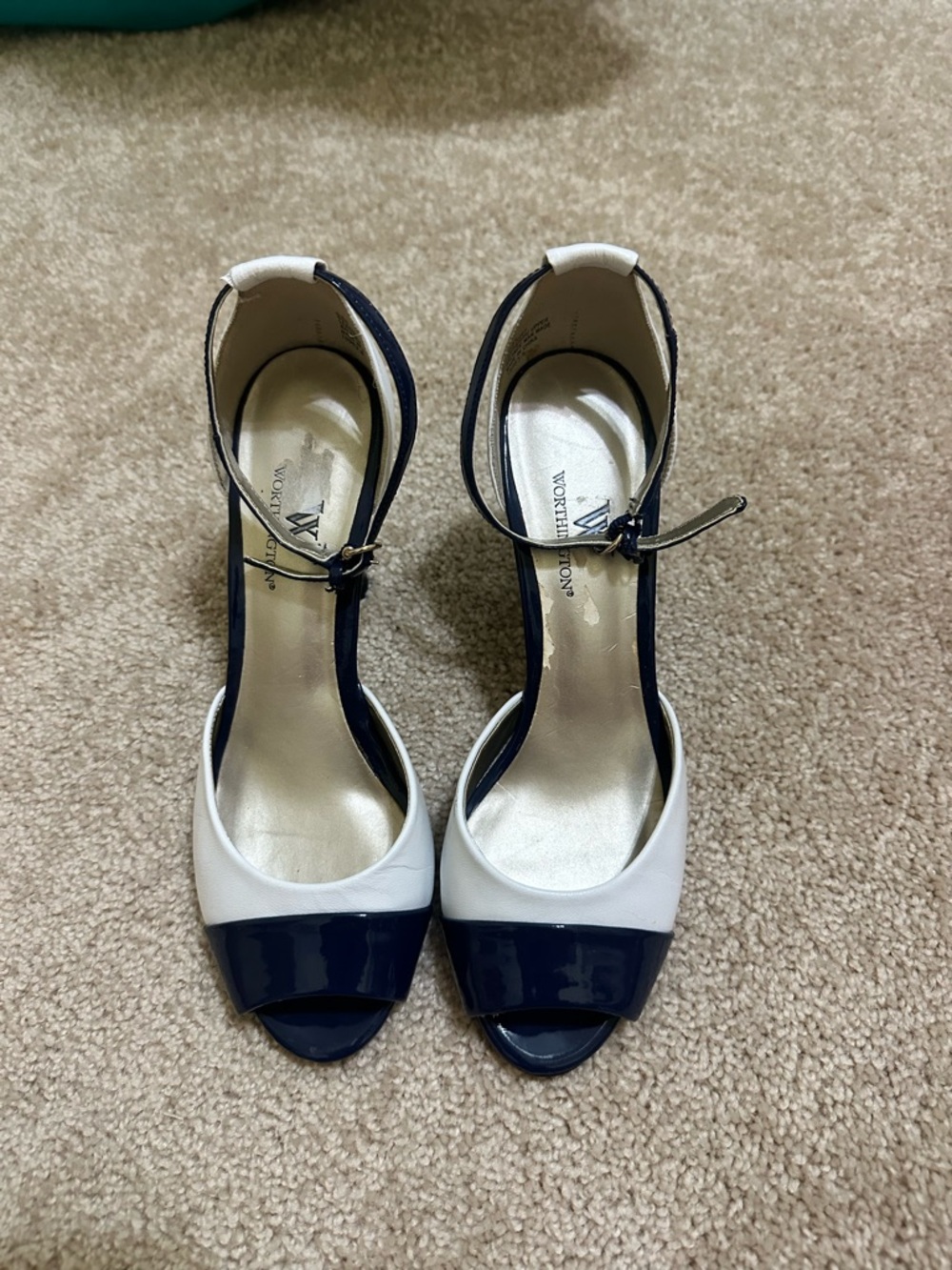Worthington Navy and White Ankle-Strap Peep Toe Heels